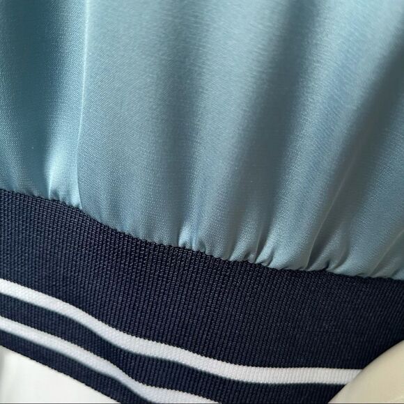 Blue Long Sleeve Varsity Hem Sateen Blouse - Picture 7 of 7